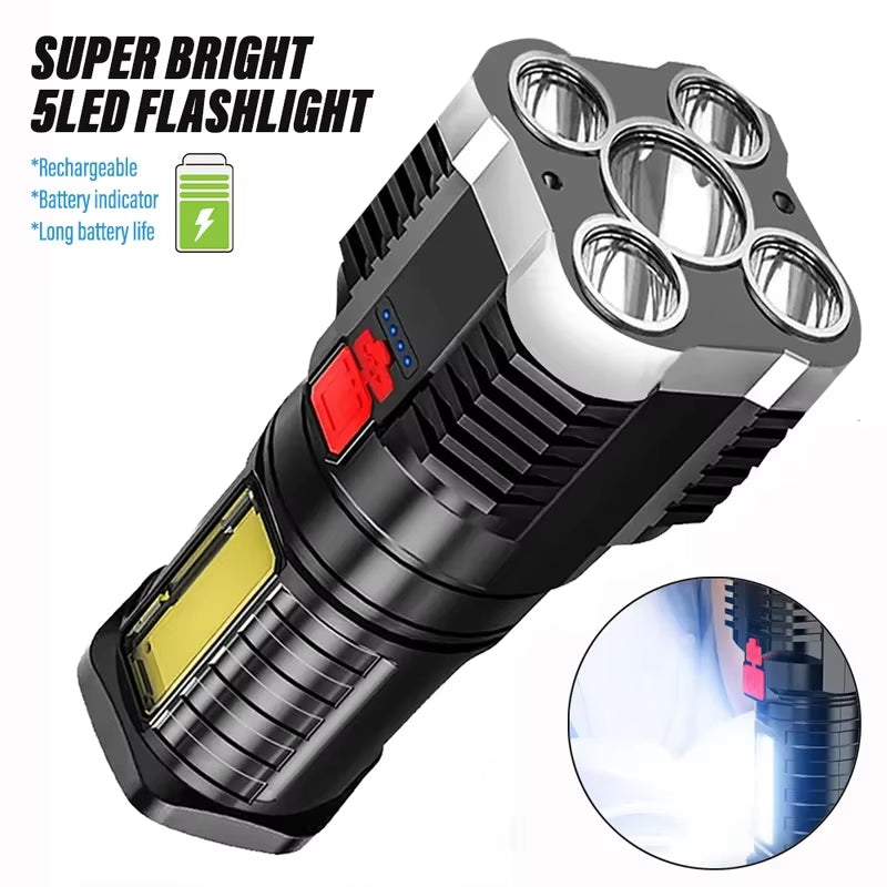 5LED High Power Led Flashlights Rejected Camping Spotlight with Side Light 3 Lighting Modes for Camping Adventure Outdoor